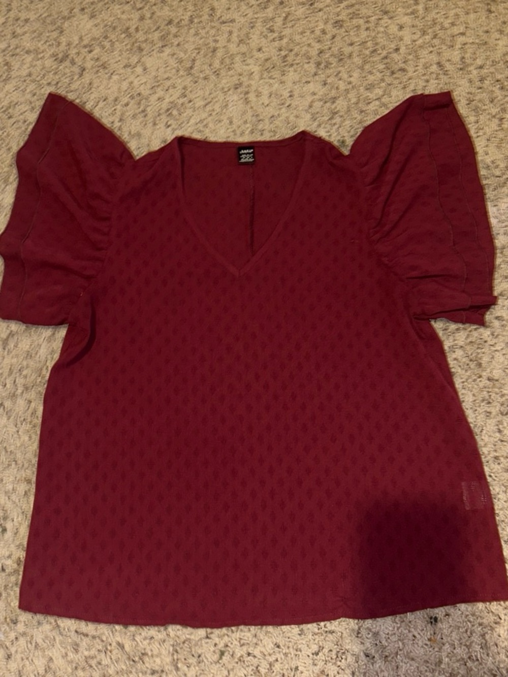 SHEIN Wine Textured V-Neck Flutter Sleeve Top